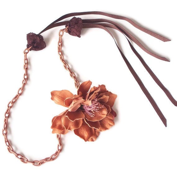 Auburn Flower Smart Necklace Handmade Unique OOAK Camel Fiber Thread Chained Light Brown