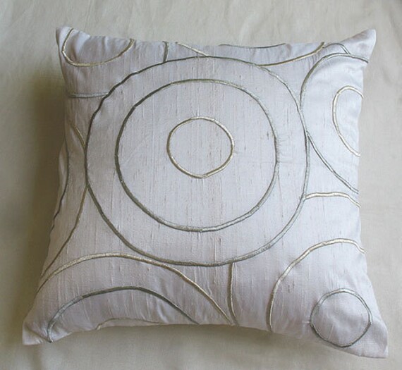 White Silk throw pillow cover with circle design hand made modern contemporary 16 inch