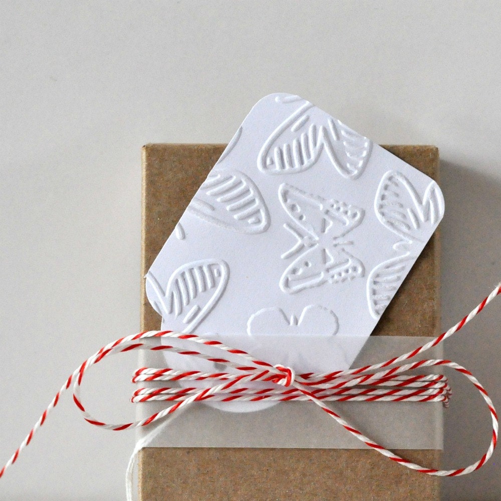 10 Embossed Butterflies Large Tags Threaded White