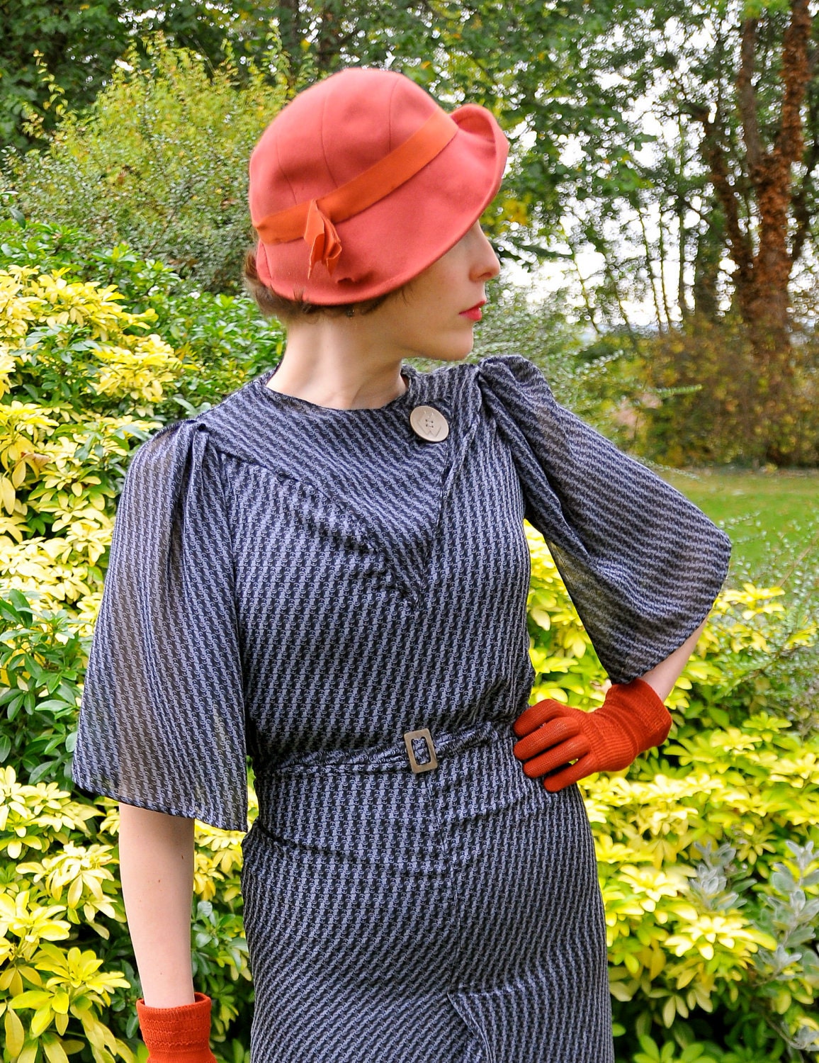 Cora- Mid- 1930s inspired butterfly-sleeved silk dress with bakelite button