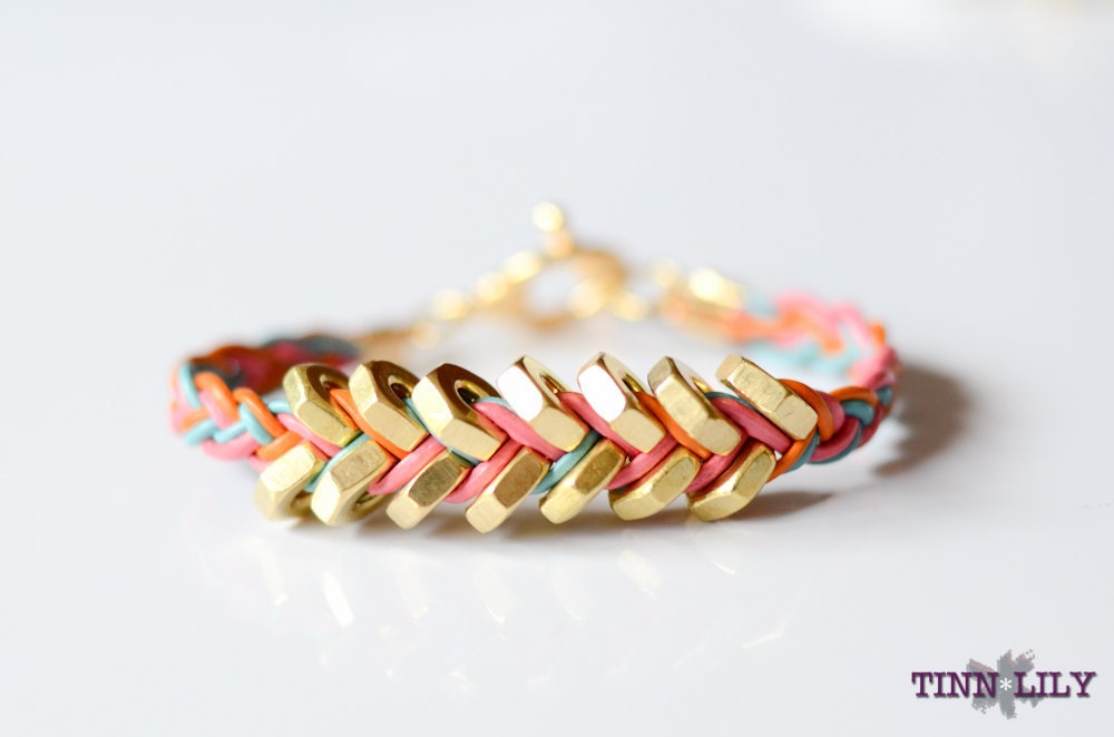 TINNLILY Sorbet Leather and Hex Nut Bracelet