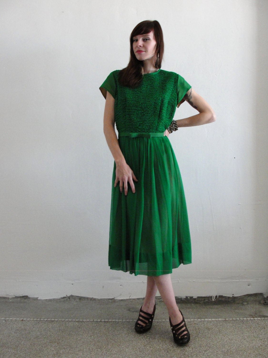 1950s Chiffon Dress. Kelly Green Cocktail Gown . Jack Mann