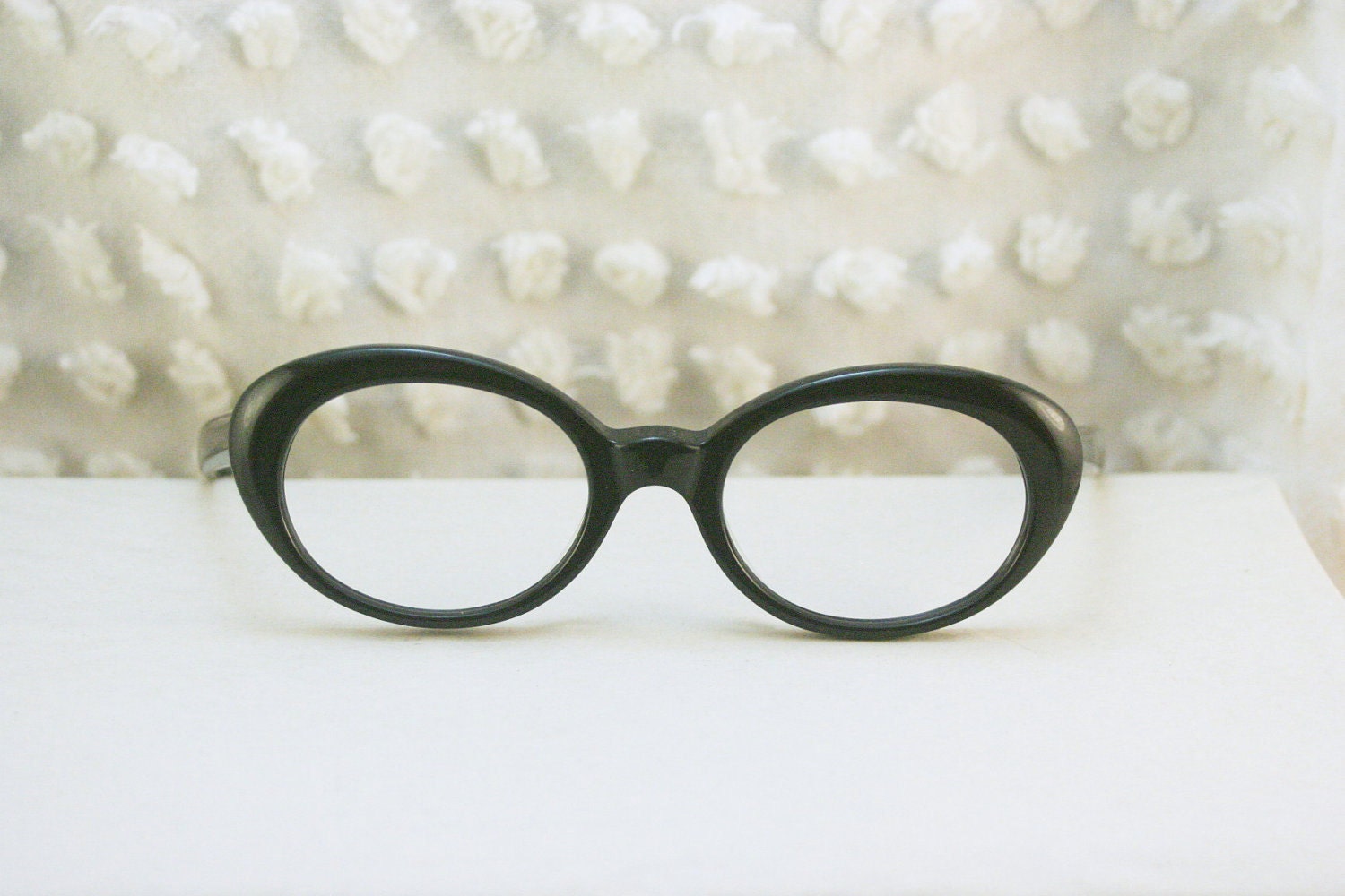 1960's Mod Black Sibylle Eyeglasses Oval Cat Eye Optical Frames by Rodenstock