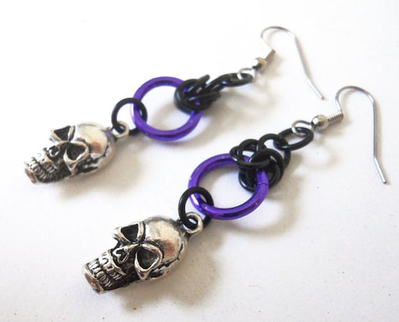 Skull earrings Halloween Gothic purple, silver, and black