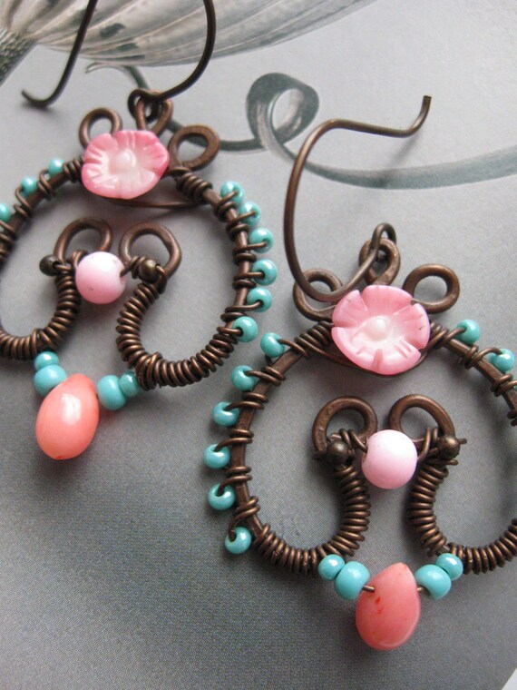 Wire Wrapped Copper Earrings with Coral Flower (hand formed, hand hammered, oxidized)