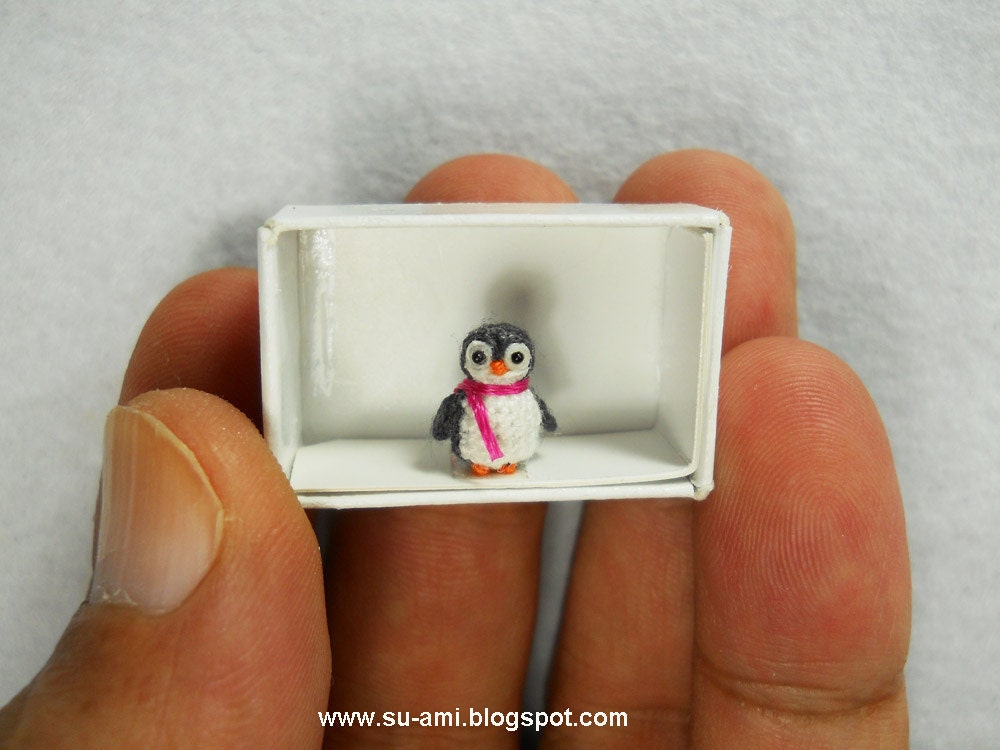 Teeny Tiny Penguin - Dollhouse Miniature Bird - Grey Penguin Chick with Pink Scarf - Made To Order