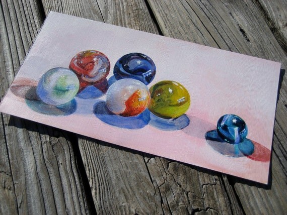 Glass Marble Art, Original Acrylic Painting of marbles on heavy linen canvas paper, 6 x 10 in. Unframed