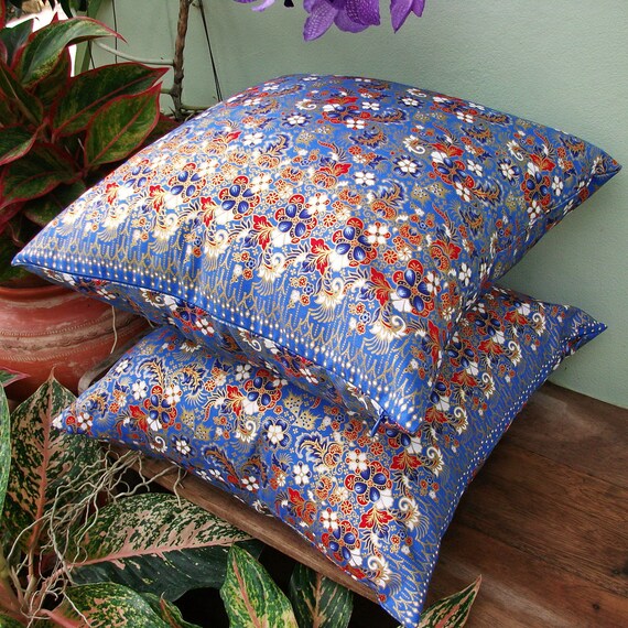 2 Pillow Covers Blue and Gold  Flower Painting sofa Throw decorative pillow cushion covers 18 inches