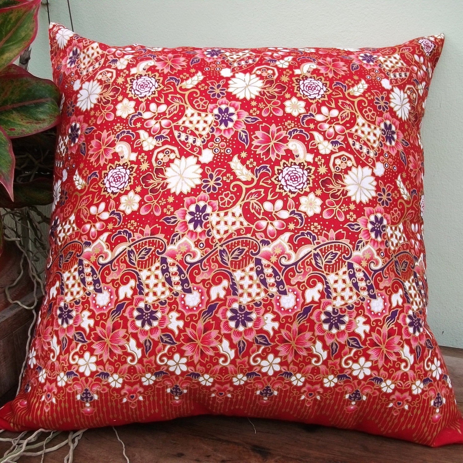 2 Pillow Covers Red and Gold  Flower Painting sofa Throw decorative pillow cushion covers 18 inches