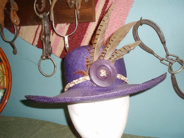 Ladies Straw Hat, Customized wih Huge Button and Feathers