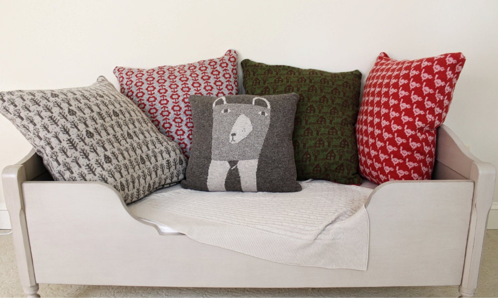 Decorative Pillow - Mrs.Bear - soft knitted pillow - brown, ecru, 18x18, includes insert