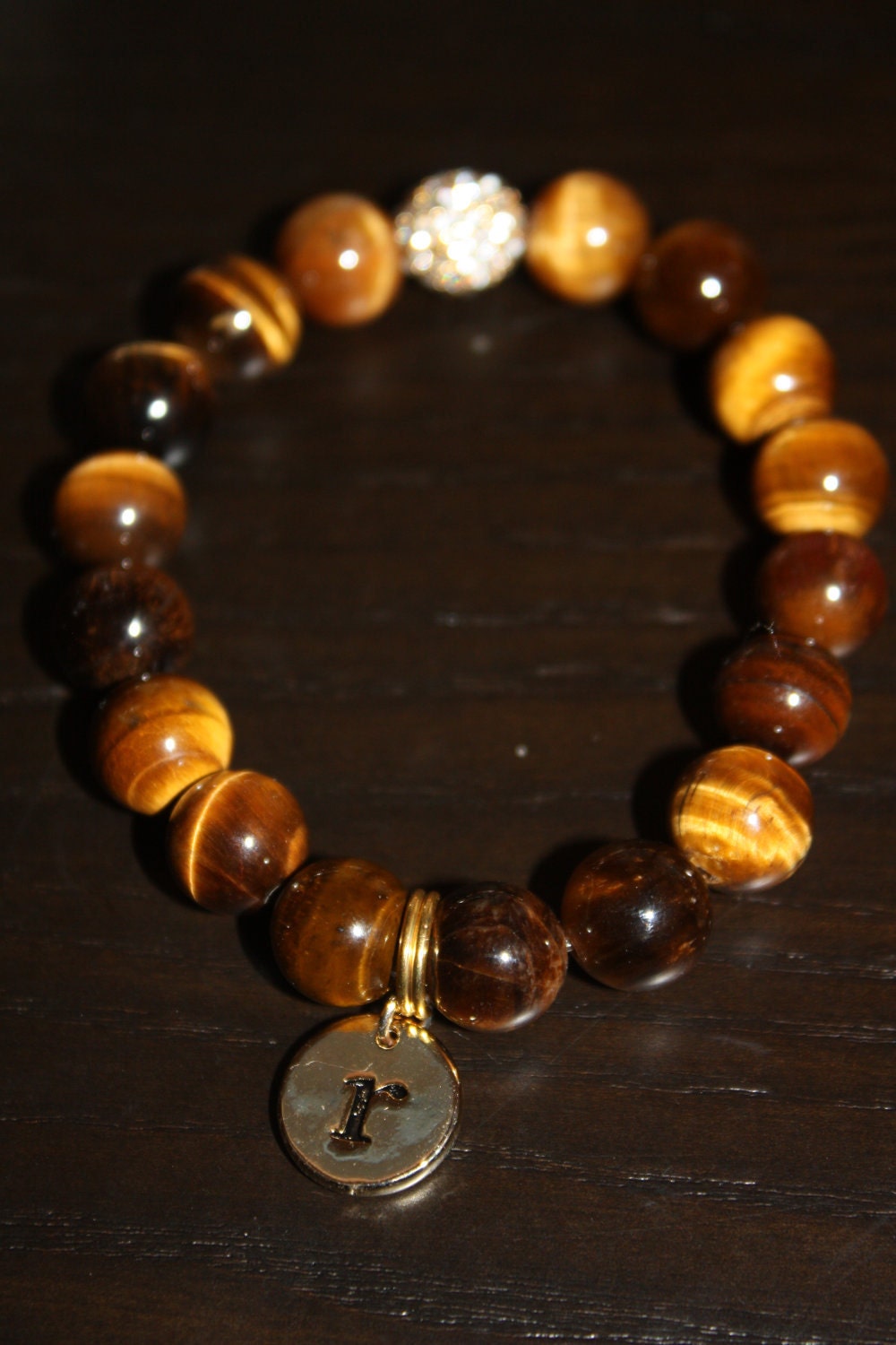 Tiger Eye Semi Precious Gemstone Beaded Bracelet with Gold Pave Rhinestones and Gold Initial Charm - Waiting On Martha ID