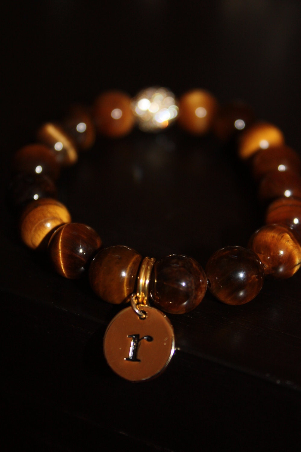 Tiger Eye Semi Precious Gemstone Beaded Bracelet with Gold Pave Rhinestones and Gold Initial Charm - Waiting On Martha ID
