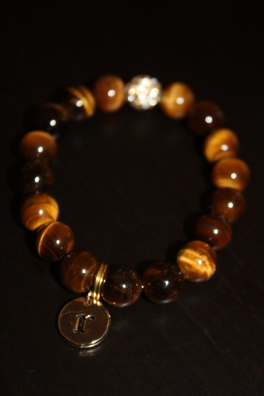 Tiger Eye Semi Precious Gemstone Beaded Bracelet with Gold Pave Rhinestones and Gold Initial Charm - Waiting On Martha ID