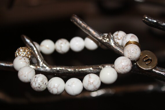 Cream & Caramel Magnesite Semi Precious Gemstone Beaded Bracelet with Gold Pave Rhinestones and Gold Initial Charm - Waiting On Martha ID