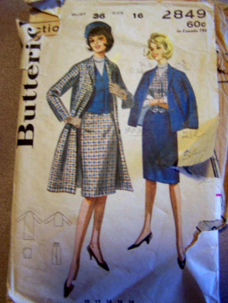 Vintage 1950s Sewing Pattern Coat Jacket Vest Straight Skirt Butterick 2849  Size 16 Bust 36