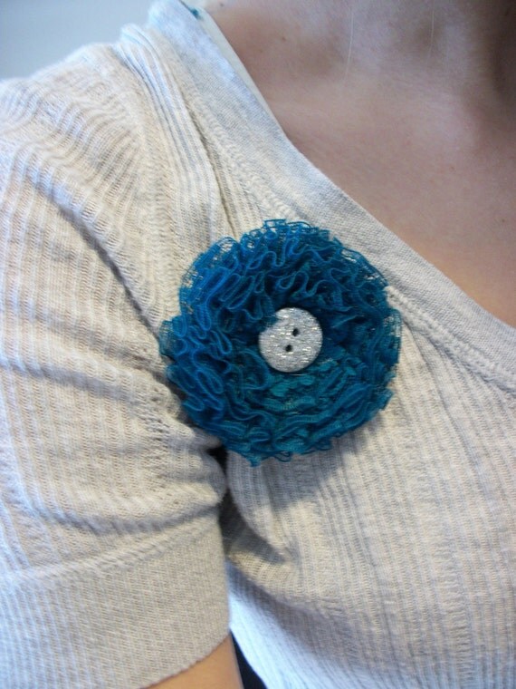 Cosette - Teal Lace and Sliver Button Flower Pin