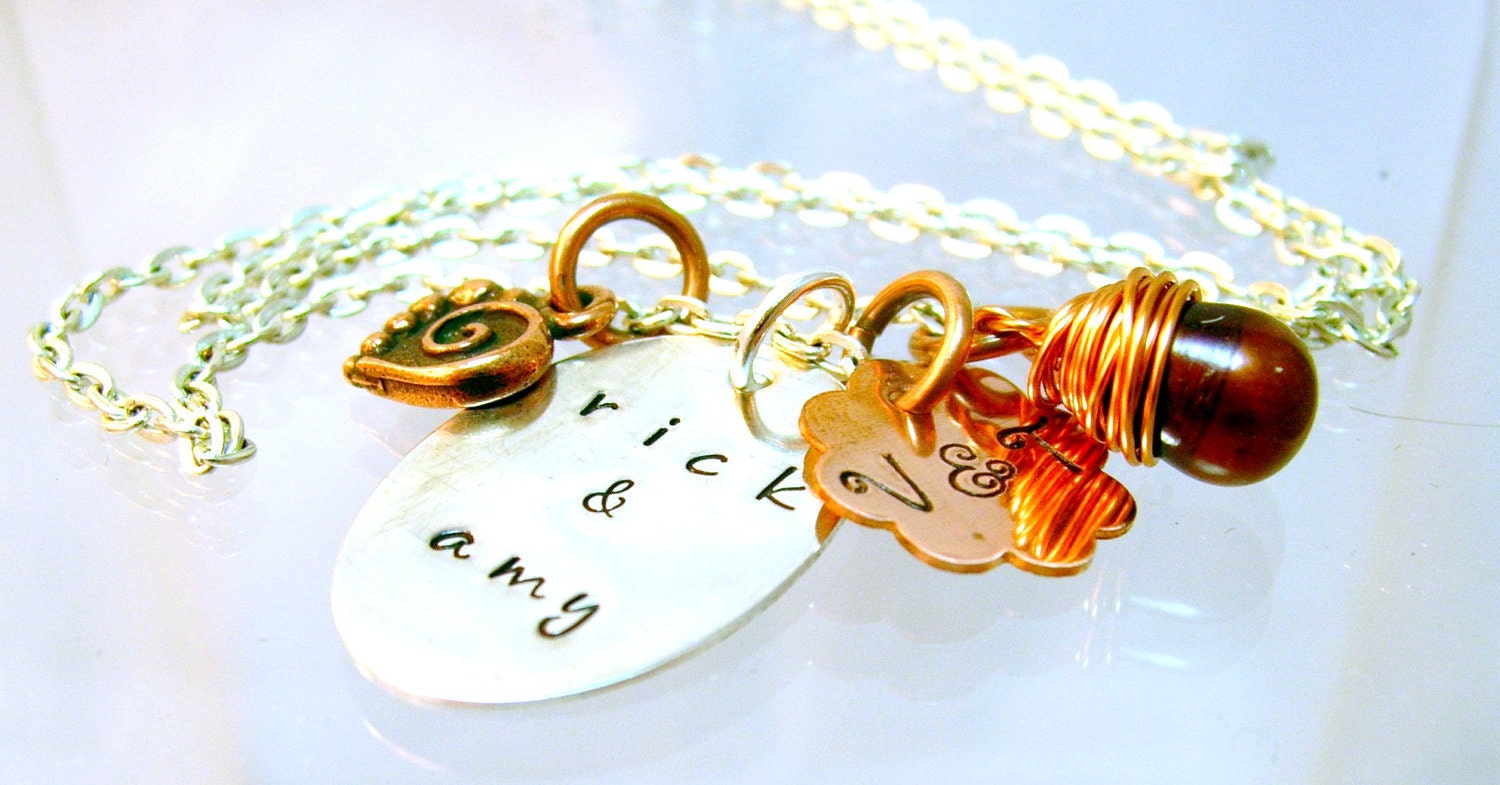 Me and You Sterling Silver Oval Copper Flower Initials with Spiral Heart Charm Personalized Jewelry Necklace