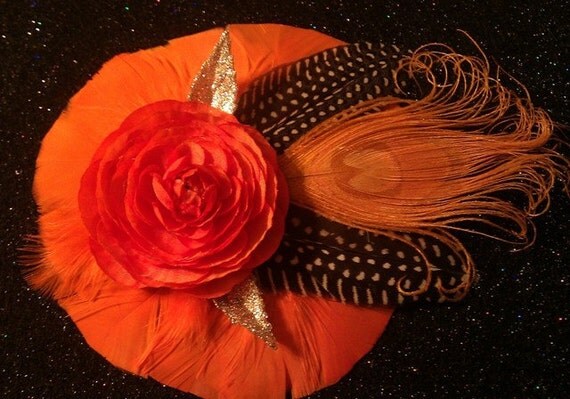 Halloween, Ready to ship, Orange fascinator, wedding fascinator, Halloween clip, Halloween costume, wedding, 1920s flapper girl, peacock