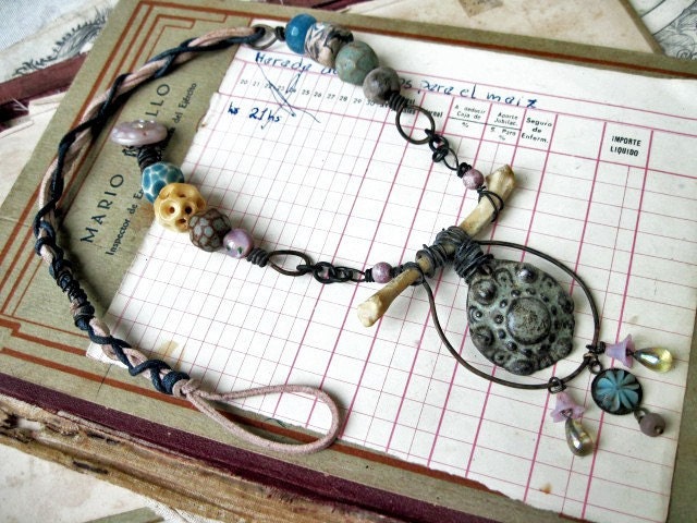 Flesh and Brain. Rustic Gypsy Assemblage Necklace  with Artisan Ceramic Beads.