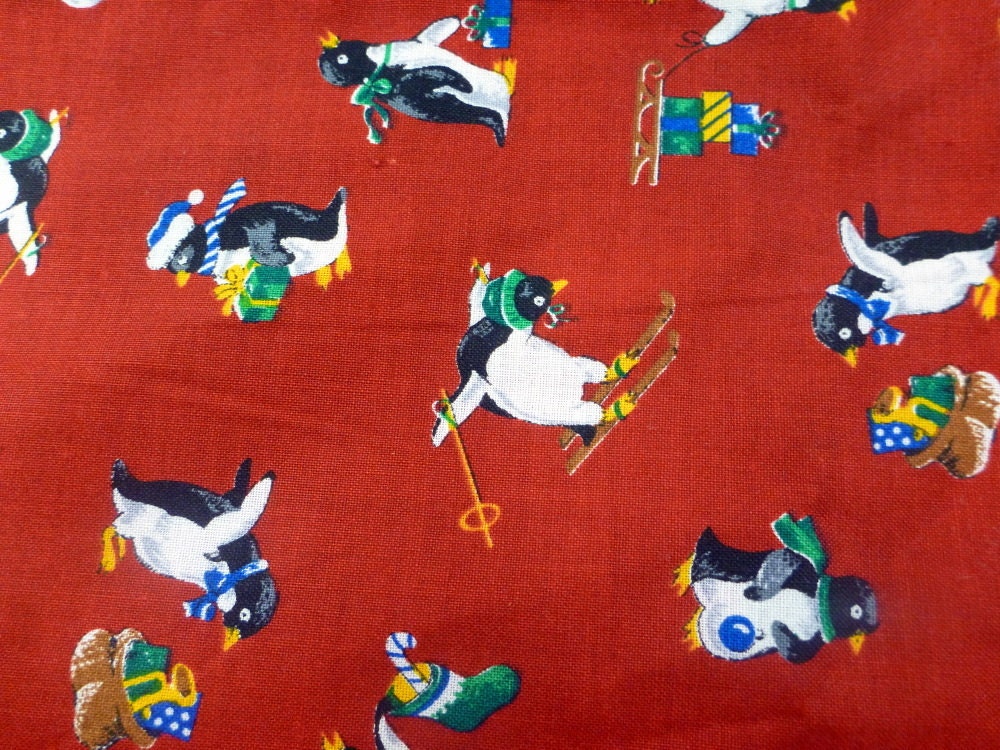 Fabric Fat Quarters for Quilting Skiing Penguins on Red