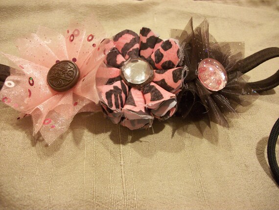 Teddy - Pink and Brown Three Flower Headband