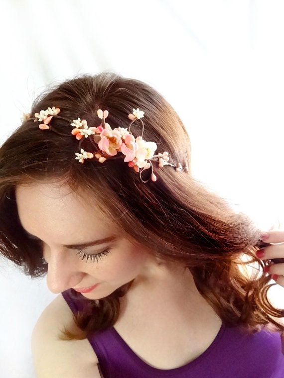 cherry blossom headband - FAIRY VINE - bridal pink floral head wreath, pearl, twigs