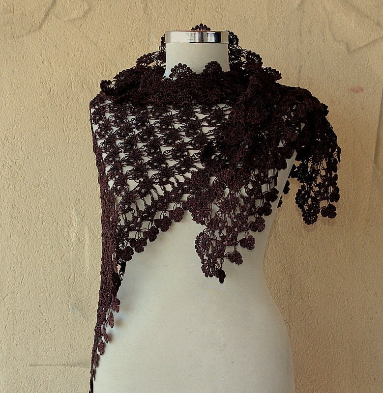 Chanson Des Oisaeux / Crochet Chocolate Luxury Shawl Wrap / Viscose Dark Brown Stole / Wedding Bridal Lace / Spring Accessories