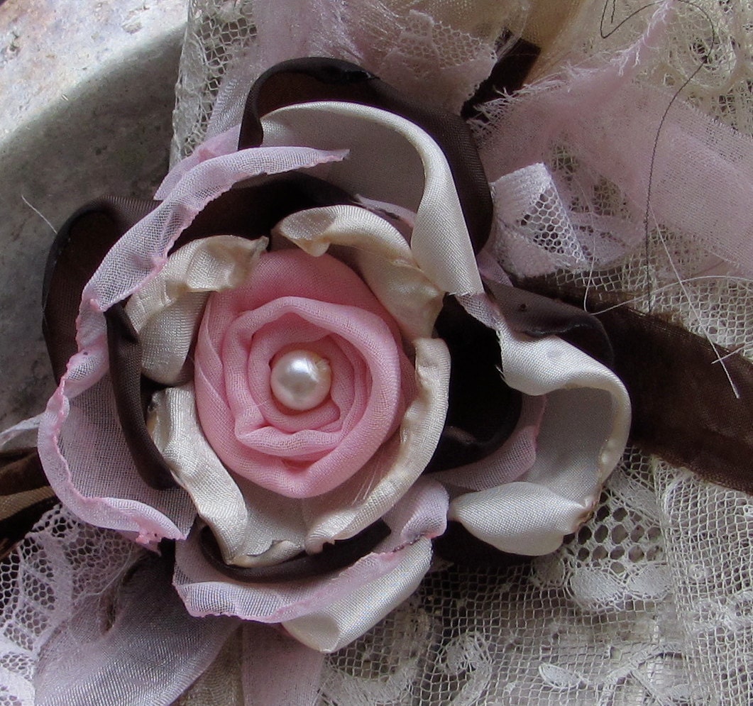 Flower Applique PInk, Cream and Chocolate Brown by My Broken Art on Etsy