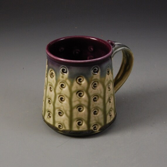 Mug handmade wheel thrown purple eggplant fern green porcelain by Mark Hudak