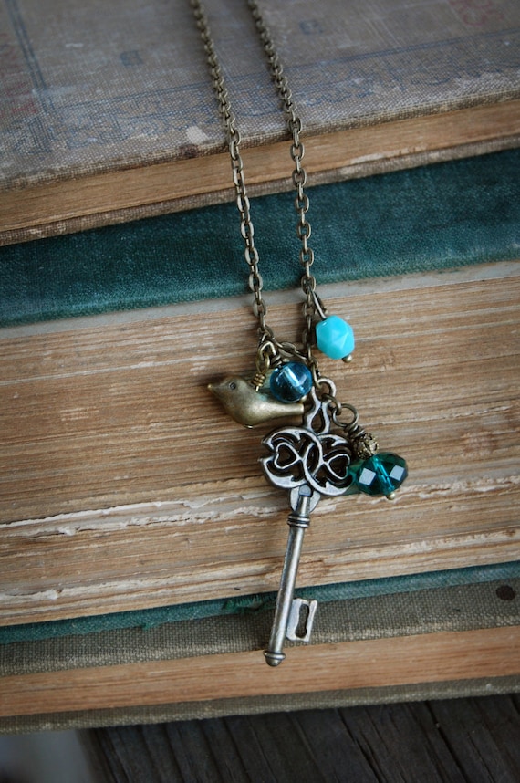 Antique Brass Skeleton Key Beaded Necklace - 19 inch