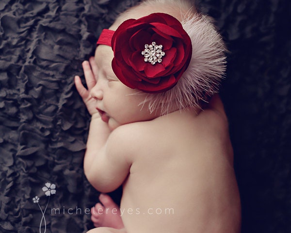 Baby Headband..Valentines Day..Newborn Baby Girl Valentines Headband..Burgundy Red Headband.White Feathers..Infant Baby Headband..Photo Prop