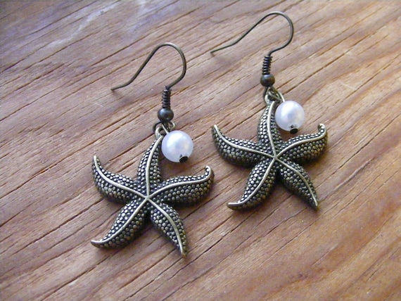 Earrings Bronze Starfish & Pearls