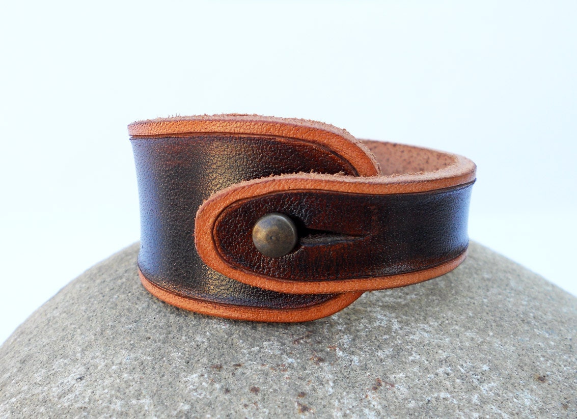 Hand Carved Leather Wristband, Walnut Brown with Tan Trim