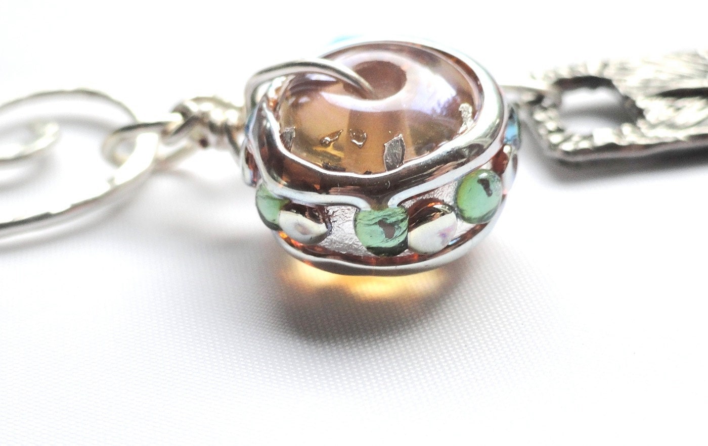 Butterscotch Topaz Lampwork Bead Pendant with Pewter Heart and Star Charm & SS holder