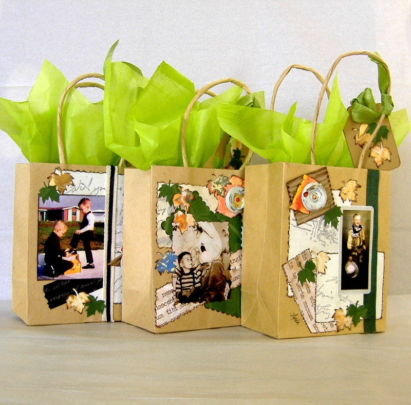 Handcrafted Collage Gift Bags For the Guys Set of Three Kraft Paper bags with Gift Tags