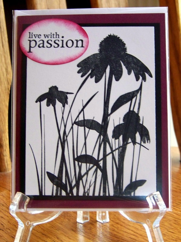 blank note card, grass and flowers silhouettes - live with passion