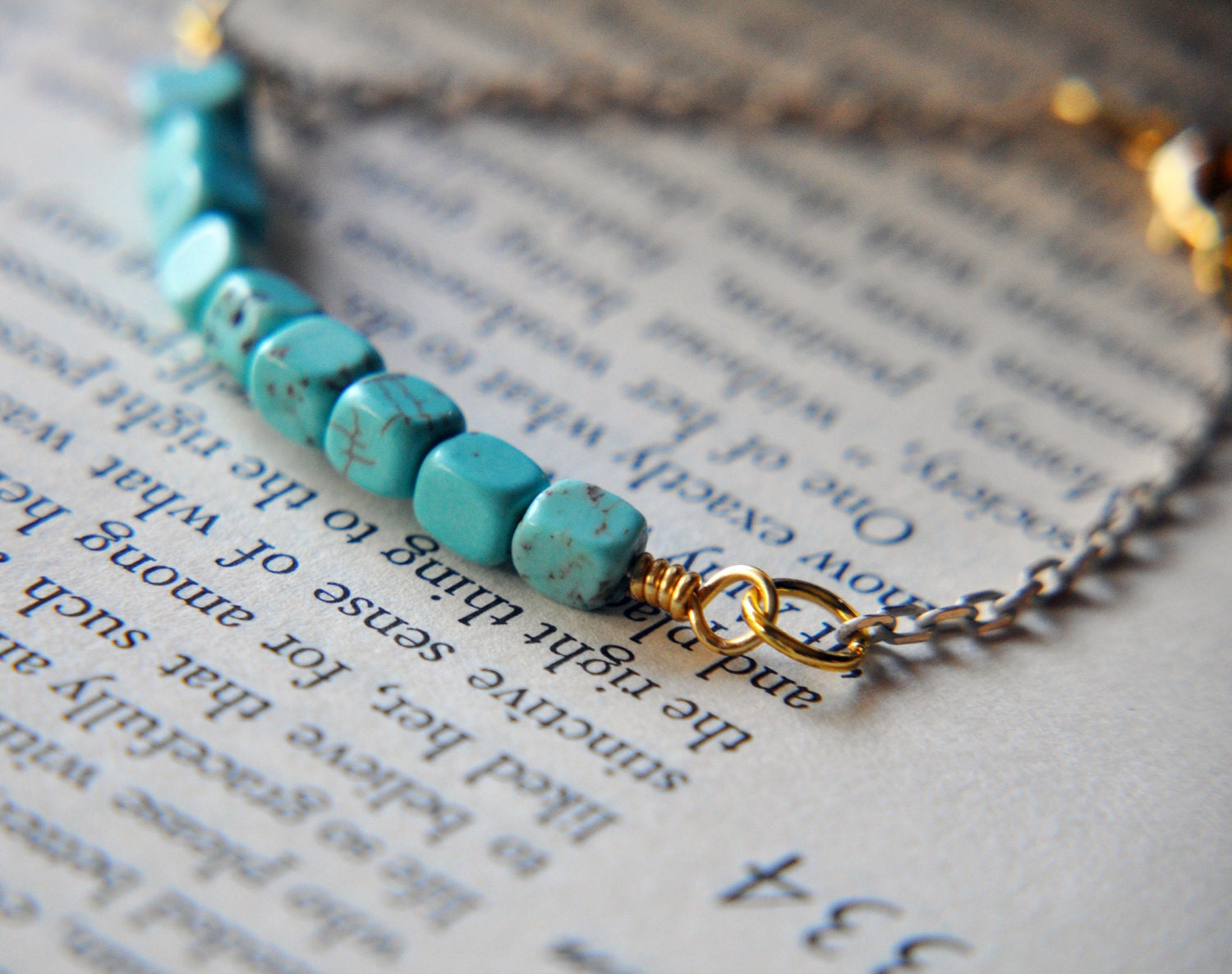Turquoise Cube Stone - Howlite - Nugget - Nontarnish Gold Plated - White Diamond Cut Chain - BRACELET - Indie - Hobo Hibbie Chic