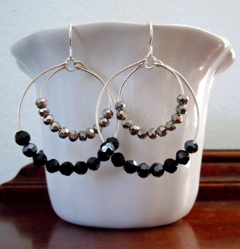 Double Silver Hoops with Metallic Grey and Black Beads