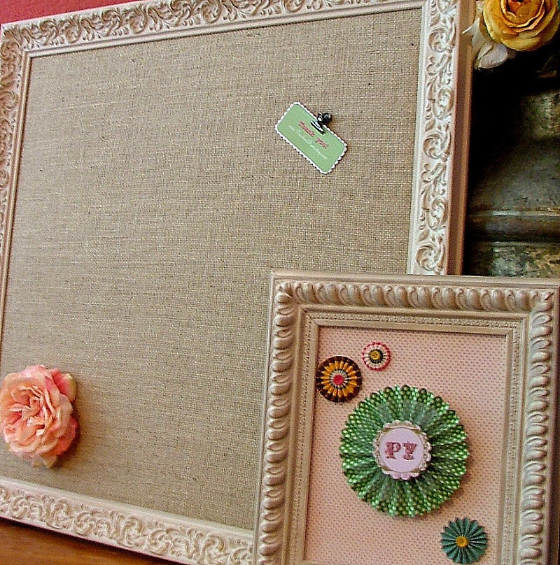 Fabric Pin Board Custom XL 28 x 28" Framed Ornate Shabby Chic Wedding Display Board Burlap Memo Board - Distressed w/ Burlap