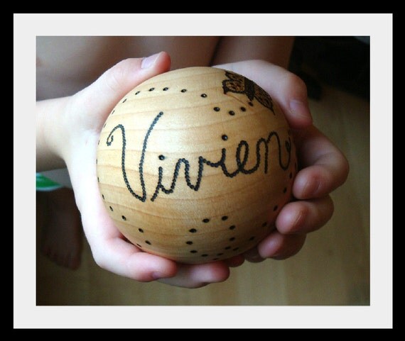 Butterfly Design Wooden Name Ball, Wood Toy Stocking Stuffer