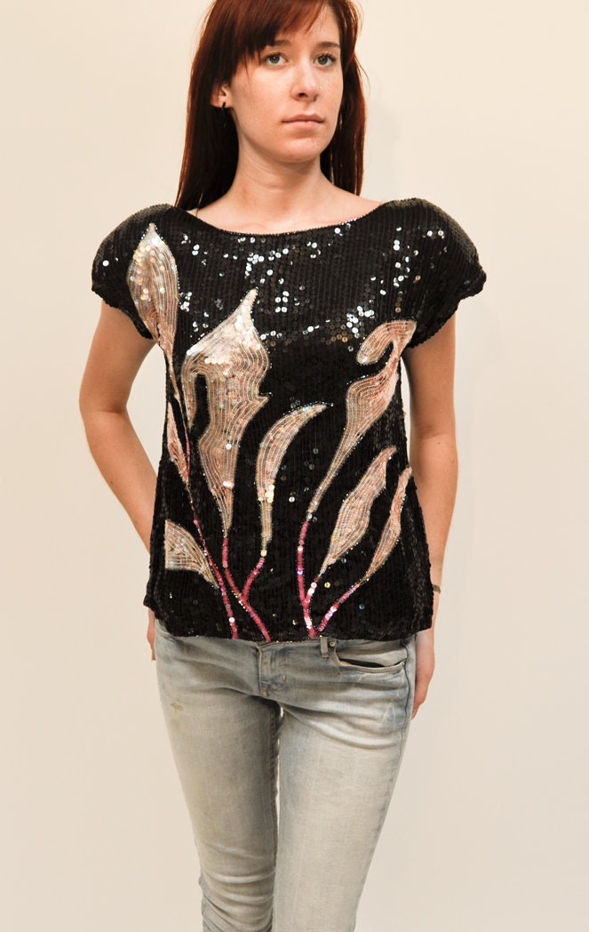 Vintage 80s Sequined Short Sleeve Top with Callas Flowers