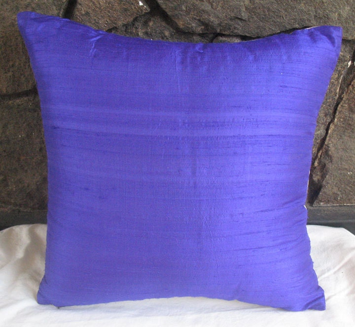 silk indigo throw pillow cover with silver filigree embroidery 16X16 inch cushion