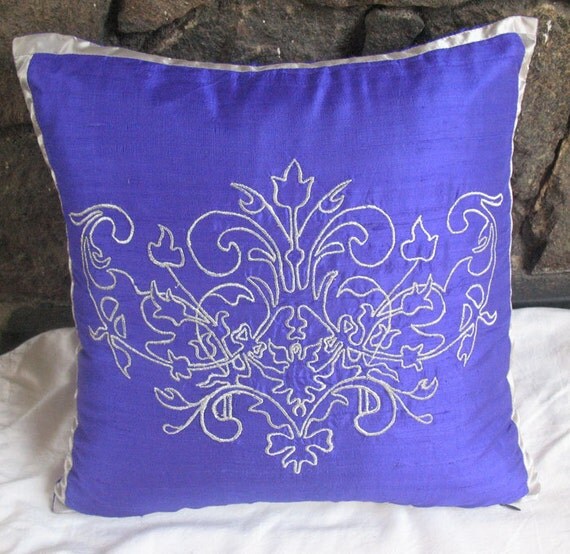 silk indigo throw pillow cover with silver filigree embroidery 16X16 inch cushion