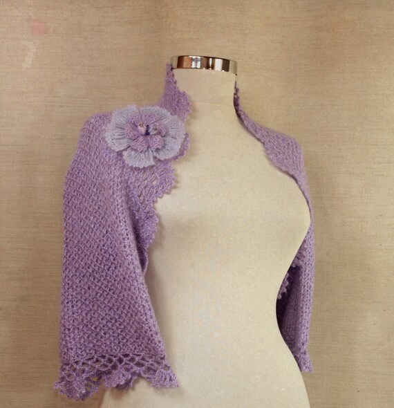 Lilac Evenings of Summer / Hand Knit Crochet Lavander Shrug Bolero / Wedding Lace Shrug ( S / M / L) / Bridesmaid Bride / Flower Brooch