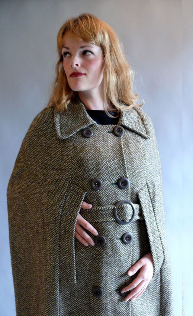 cape / 1960s coat / belted tweed cape
