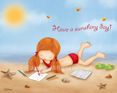 Children art print sunshine beach illustration for girls room or nursery decor