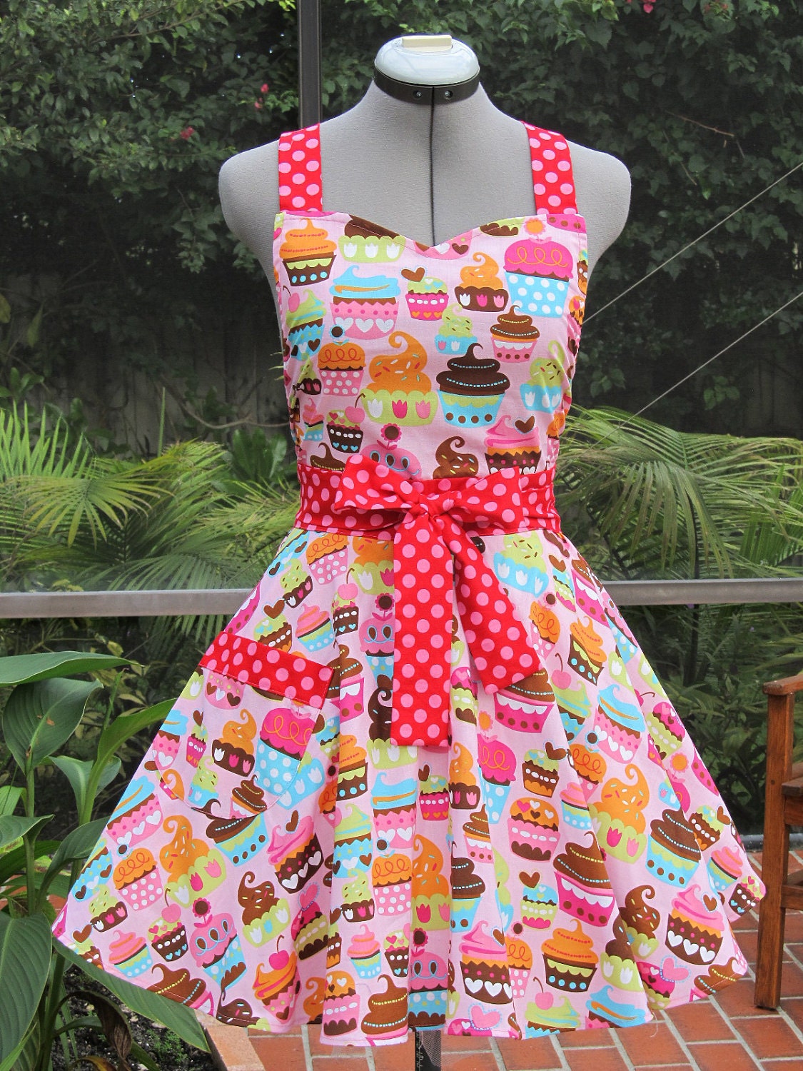 Sweetheart Hostess Apron-Pink Cupcakes-Vintage Inspired -Full of Twirl Flounce- Ready to ship