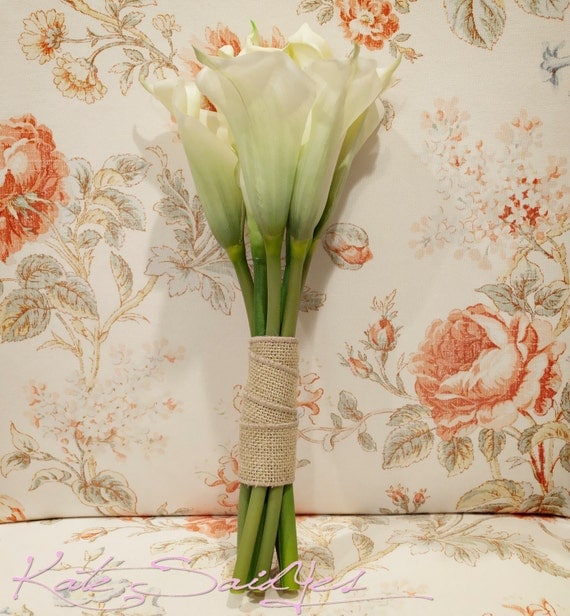 Rustic Bouquet Cream and Light Green Burlap Calla Lily Real Touch Wedding