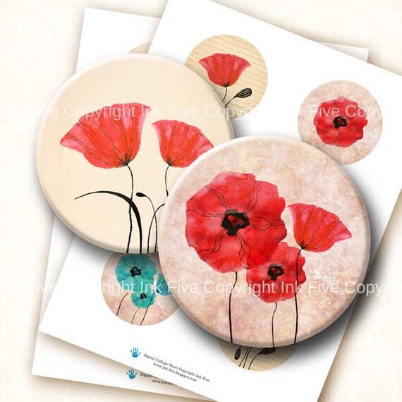 2.5 inch circles Field of Poppy Flowers digital collage sheet images for 2.25 inch pocket mirrors. Floral download graphics. Big rounds.